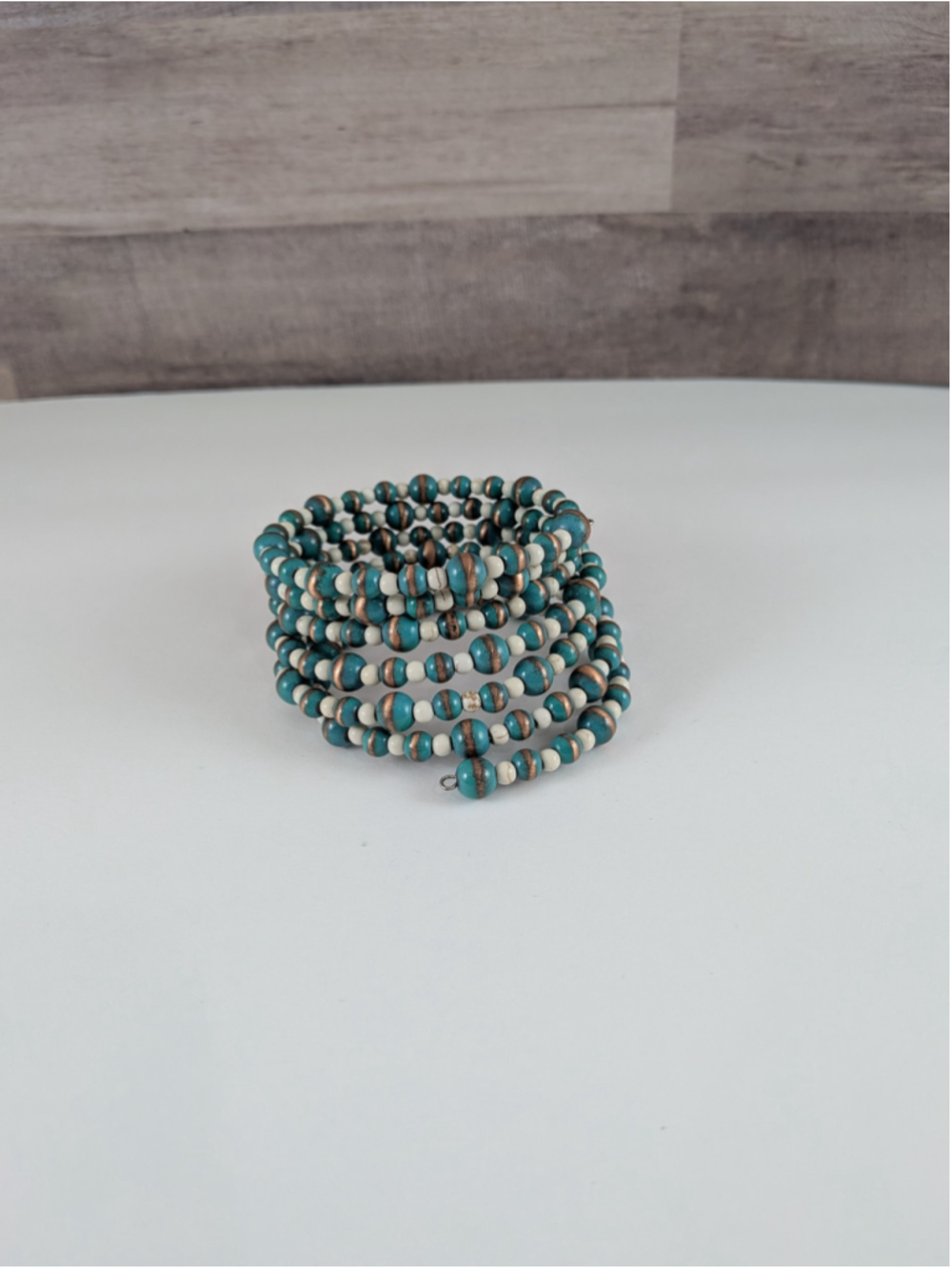 Women's Teal & Cream Beaded Coil Bracelet One Size